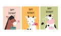 Happy birthday cards with funny animals set. Adorable horse, goat and cow with festive cake vector illustration Royalty Free Stock Photo