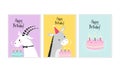 Happy birthday cards with funny animals set. Celebration greeting or invitation card with adorable goat and horse vector Royalty Free Stock Photo