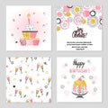 Happy Birthday cards set in pink and golden colors
