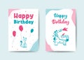 2 happy birthday cards template design, pastel colors with lettering in boho style. Modern, trendy art concept with cat, balloons Royalty Free Stock Photo