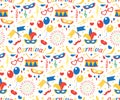 Happy Birthday or Carnival seamless pattern with mask feathers, balloons, confetti. Party endless background. Purim Royalty Free Stock Photo