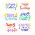 Happy Birthday Cartoon Lettering, Colorful Phrases for Greeting Card with Balloons, Cakes and Gift Boxes. Holiday Royalty Free Stock Photo