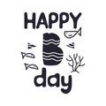 Happy Birthday, cartoon lettering. Flat drawing style, greeting card . Underwater Kingdom, fish, corals. Vector illustration