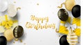 Happy Birthday celebration card. Design with black, white, gold balloons and gold foil confetti. Royalty Free Stock Photo