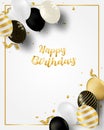 Happy Birthday celebration card. Design with black, white, gold balloons and gold foil confetti.