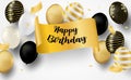 Happy Birthday celebration card. Design with black, white, gold balloons and gold foil confetti.