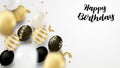 Happy Birthday celebration card. Design with black, white, gold balloons and gold foil confetti. Royalty Free Stock Photo