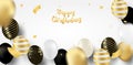 Happy Birthday celebration card. Design with black, white, gold balloons and gold foil confetti. Royalty Free Stock Photo