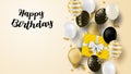 Happy Birthday celebration card. Design with black, white, gold balloons and gold foil confetti. Royalty Free Stock Photo