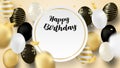 Happy Birthday celebration card. Design with black, white, gold balloons and gold foil confetti. Royalty Free Stock Photo