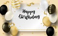 Happy Birthday celebration card. Design with black, white, gold balloons and gold foil confetti. Royalty Free Stock Photo