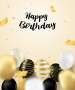 Happy Birthday celebration card. Design with black, white, gold balloons and gold foil confetti. Royalty Free Stock Photo