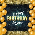 Happy Birthday celebration card with glowing golden sparkles and balloons and golden ribbons on Dark Background.