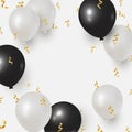 Happy Birthday celebration design with realistic Black and white balloons and falling foil confetti with blank, empty space for gr Royalty Free Stock Photo