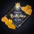 Happy Birthday celebration design with realistic heart shaped golden balloons, falling foil confetti and glitter bow. Royalty Free Stock Photo