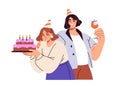 Happy birthday celebration. Joyful couple, smiling man and woman with festive bday cake, candles, wineglass. Cheerful