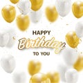 Happy birthday Celebration party banner Golden foil confetti and white and glitter gold balloons. Royalty Free Stock Photo