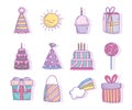 Happy birthday celebration party decoration cakes gifts hat candy icons