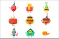 Happy Birthday And Celebration Party Symbols Cartoon Characters, Including Cake, Hat, Balloon, Horn Fireworks Royalty Free Stock Photo