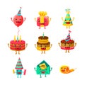 Happy Birthday And Celebration Party Symbols Cartoon Characters Set, Including Birthday Cake, Party Hat, Balloon, Party Royalty Free Stock Photo