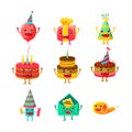 Happy Birthday And Celebration Party Symbols Cartoon Characters Set, Including Birthday Cake, Party Hat, Balloon, Party Royalty Free Stock Photo