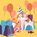 Happy birthday celebration party, vector illustration. Cute little tiger in party hat, gift boxes and balloons. Birthday Royalty Free Stock Photo