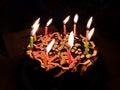 happy birthday chocolate cake close up shot image with burning candles at night Royalty Free Stock Photo