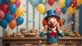 happy birthday clown with balloons, happy kid clown on blue background, birthday and april fool\'s day celebration Royalty Free Stock Photo