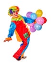 Happy birthday clown playing bunch of balloons