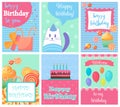 Happy Birthday Collection set of invitation cards greeting templates, to the party. Vector banners with confetti, cat Royalty Free Stock Photo