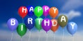 Happy birthday colorful balloons on blue sky background. 3d illustration Royalty Free Stock Photo