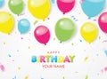 Happy Birthday with colorful balloons and confetti background. 3D paper cut sign, greeting, congratulations design