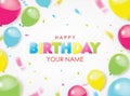 Happy Birthday with colorful balloons and confetti background. 3D paper cut sign, greeting, congratulations design