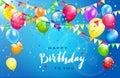 Happy Birthday with Colorful Balloons and Pennants on Blue Background Royalty Free Stock Photo