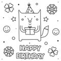 Happy Birthday. Coloring page. Vector illustration of a fox.