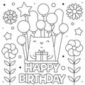 Happy Birthday. Coloring page. Vector illustration of a cat.