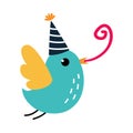 Happy Birthday Concept, Adorable Bird in Party Hat Flying with Party Blower Whistle, Baby Shower Celebration Element