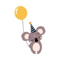 Happy Birthday Concept, Adorable Koala Baby Animal wih Inflatable Balloon, Baby Shower Celebration Element Cartoon Royalty Free Stock Photo