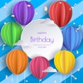 Happy Birthday concept. Balloons in clouds. Paper and craft art Royalty Free Stock Photo