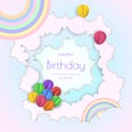 Happy Birthday concept. Balloons in clouds. Paper and craft art Royalty Free Stock Photo