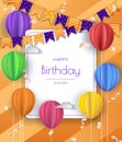 Happy Birthday concept. Balloons in clouds. Paper and craft art Royalty Free Stock Photo