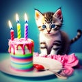 Happy birthday concept with a cute little cat,Standing looking at a cake,generated illustration with ai.