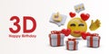 Happy birthday concept. 3D smiling emoticon, gifts, hearts, comments, icons