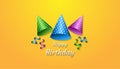 Happy birthday concept with realistic party hat, ribbon, confetti and text in yellow background. perfect for greeting , banner, Royalty Free Stock Photo