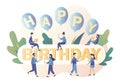 Happy birthday concept. Tiny people celebrate birthday. Modern flat cartoon style. Vector illustration on white Royalty Free Stock Photo