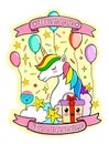 Happy birthday congratulation card with unicorn and kavaii sweets, vector illustration Royalty Free Stock Photo