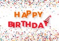 Happy birthday congratulation template. Colorful text Happy Birthday with falling color confetti. Vector illustration