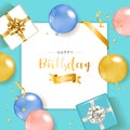 Happy Birthday congratulations, Balloons for Party Holiday Blue Background. Gift and Note Paper Royalty Free Stock Photo