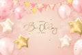 Happy Birthday congratulations banner design with Confetti, Balloons and Glossy Glitter Ribbon for Party Holiday Background. Royalty Free Stock Photo