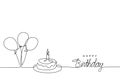 Happy Birthday continuous line drawing, handwritten lettering with symbolic party balloon and birthday cake. One hand drawn